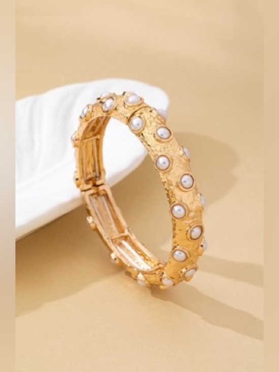 JOSSLYN by Wall to Wall Jewelry - Vintage Style Gold Plated Pearl Embellished Bangle
